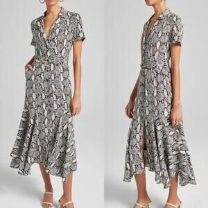A.L.C. Belted Midi Shirt Dress Size 0 Silk Snake Print Pockets Flounce Hem